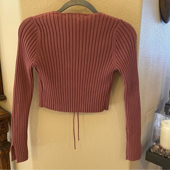 NWT~ZARA Ribbed Knit Cropped Cardigan Tie Front in Dusty Rose Size Small - Picture 4 of 6